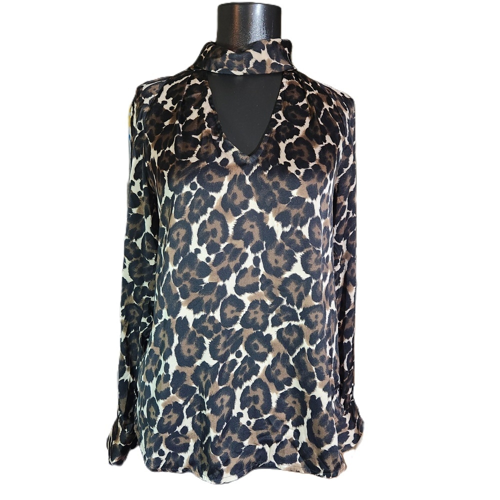 Trina Turk Leopard Highneck Long Sleeve Blouse Small